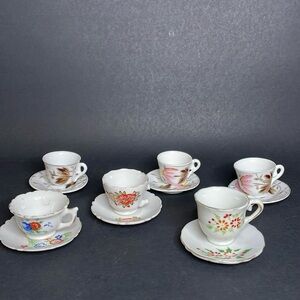 Set of (6) Mini Teacup‎ & Saucer JAPAN Floral Some w Damage Dainty Cottage Fairy